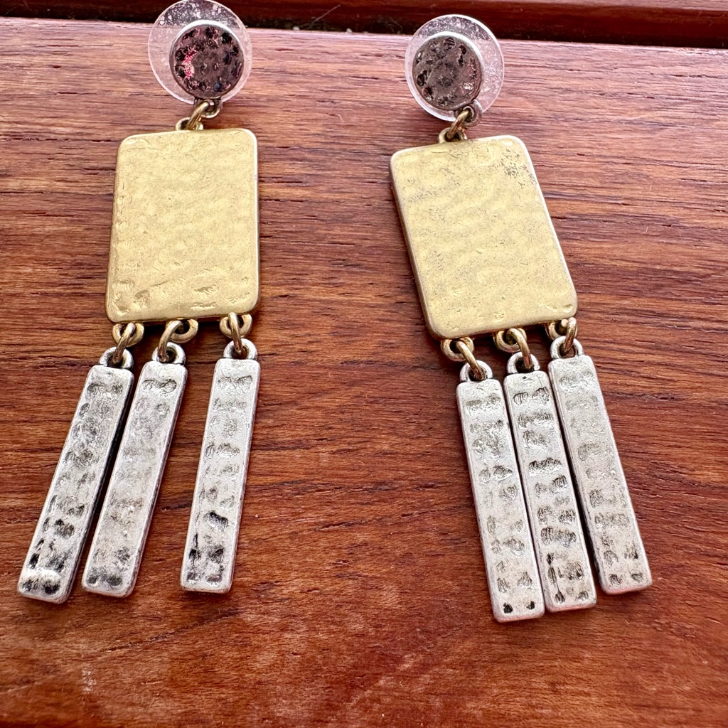 Cabi Gold And Silver Hammered Rectangular Dangle Earrings